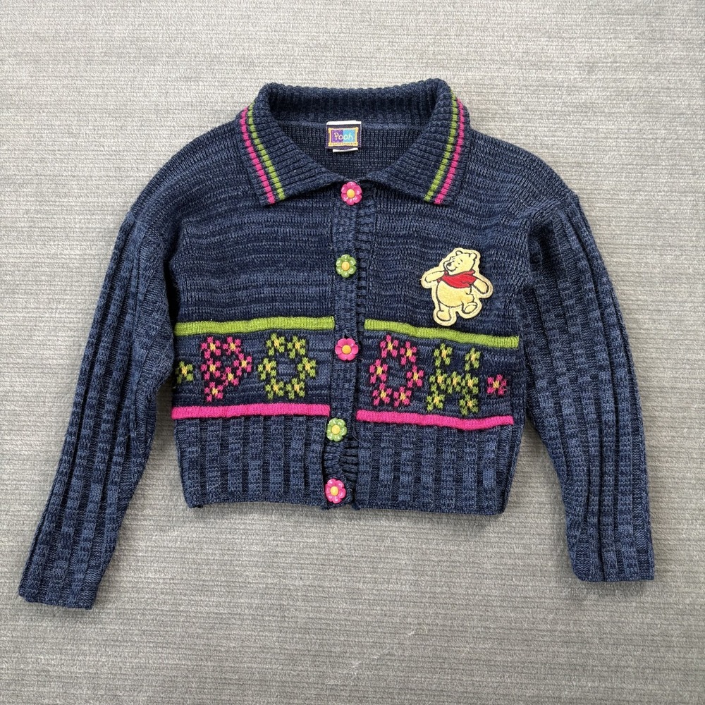Vintage Pooh Sweater Girls 10/12 Blue Winnie The Pooh Floral Knit Cardigan‎